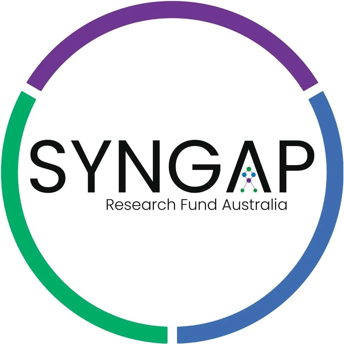 Logo for SYNGAP Research Fund Australia featuring a circular multicolored ring with green, purple, and blue segments and black text that reads "SYNGAP" with a stylized molecule design inside the letter 'A' and smaller text "Research Fund Australia" underneath.