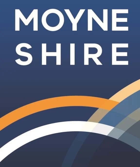  "Moyne Shire" Council logo on a dark background with colorful curved lines.
