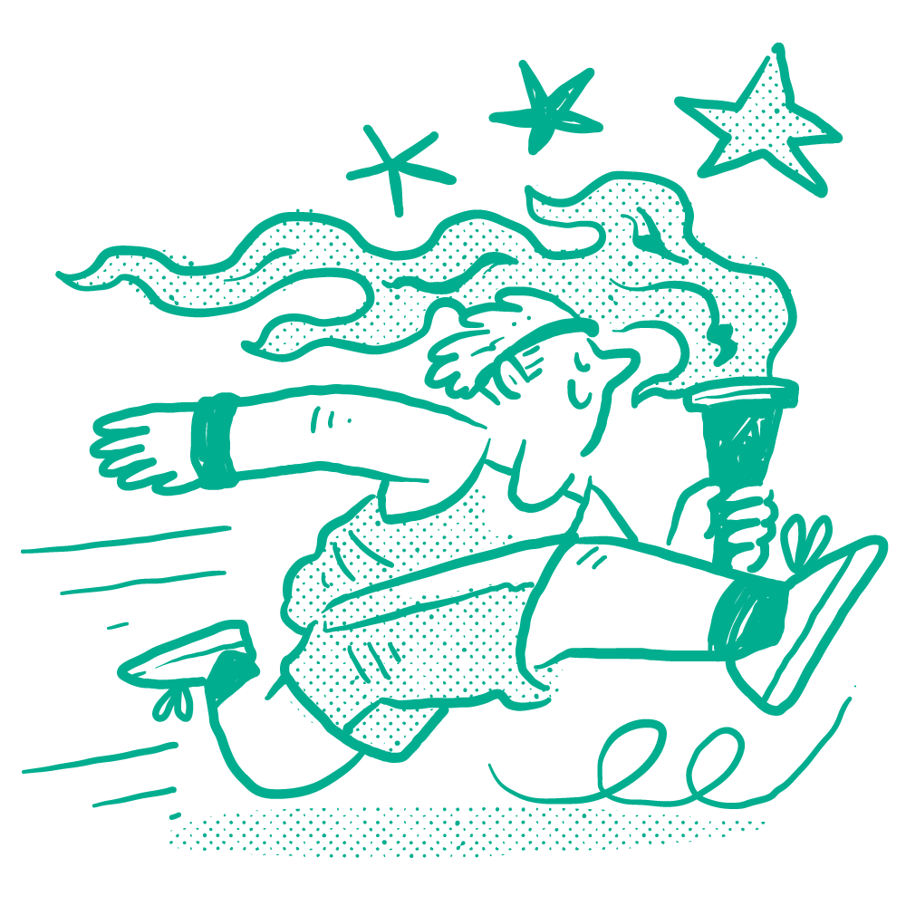 Line art illustration of a person running with a drink in hand, with stars and a starfish above.