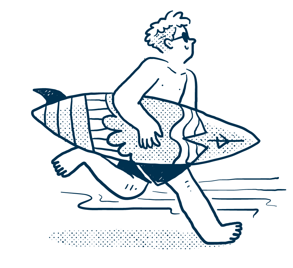 Drawing of a boy running with a fish-shaped surfboard attached to his back.