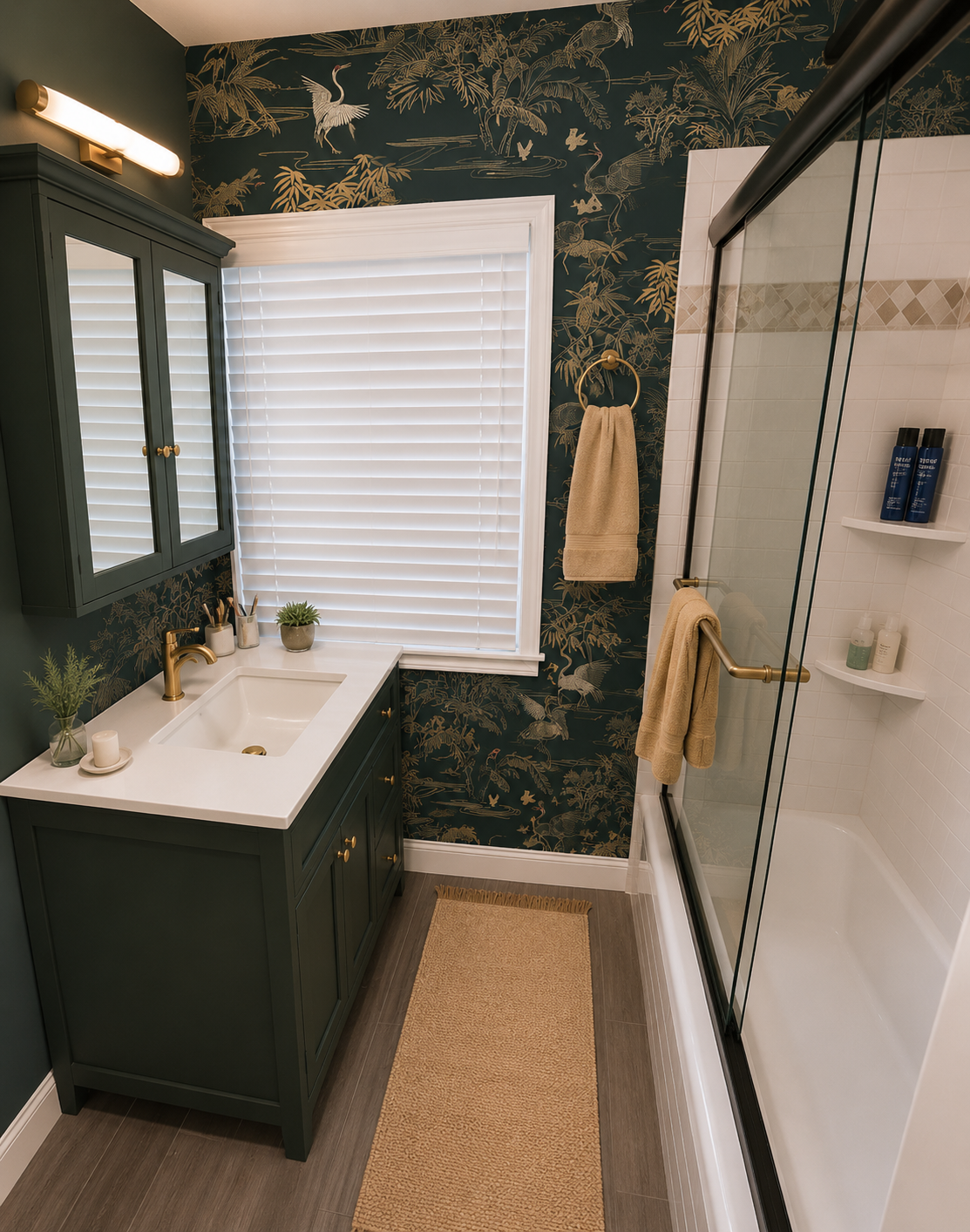 Bathroom with dark green cabinets, gold fixtures, and wallpaper with a nature scene featuring cranes, trees, and foliage. Contains a white sink, a window with white blinds, and a glass shower with built-in shelves.