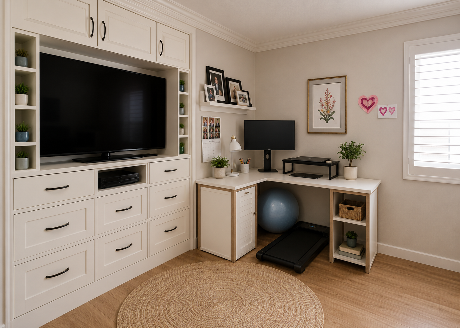 Home office with white built-in cabinets, a television, decorative plants, a desk with a computer, documents, and a treadmill in a room with wooden flooring and a window with blinds.