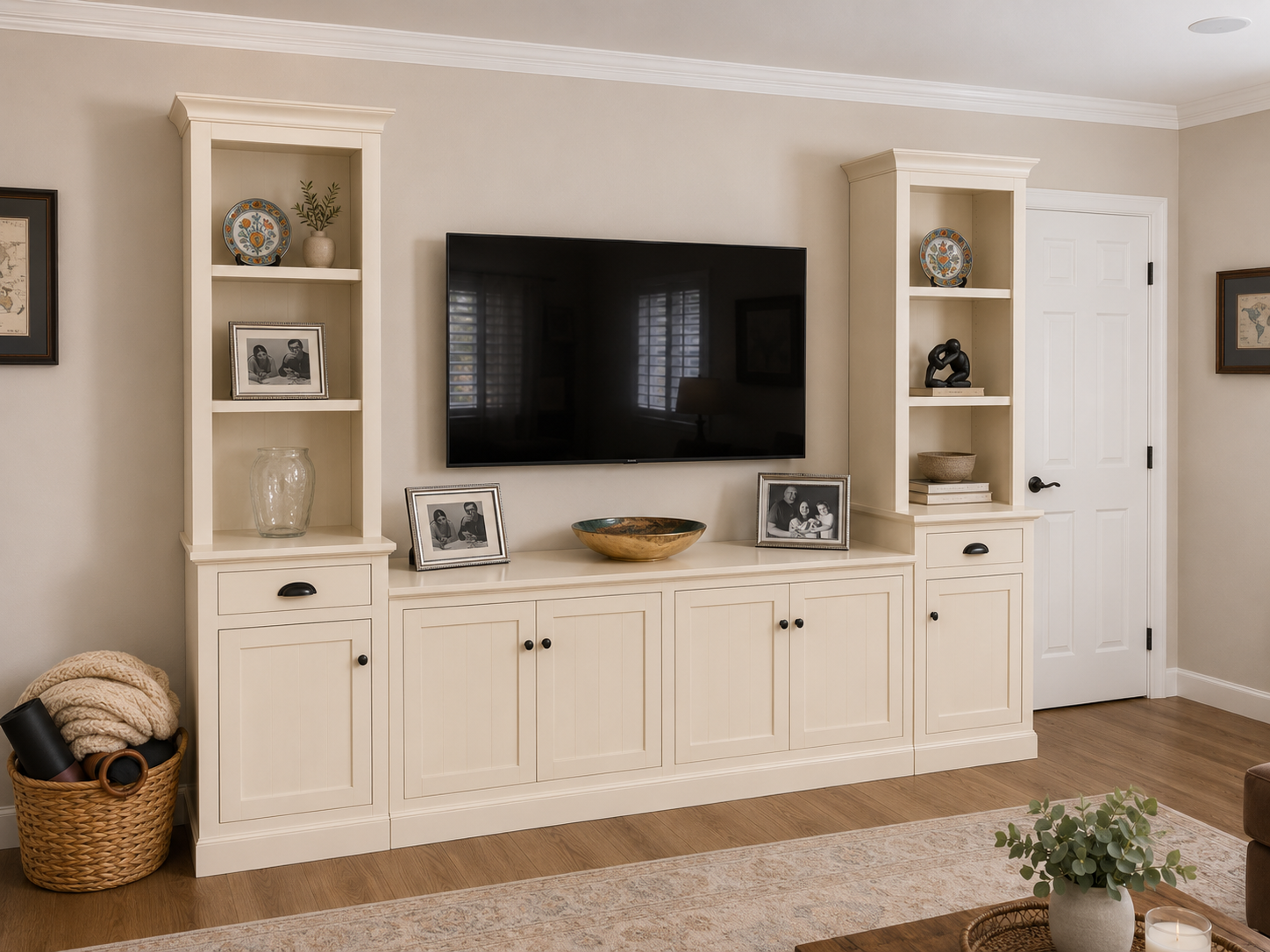 Living room with a wall-mounted TV above a white entertainment console, flanked by two tall white bookshelves, decorated with framed photos, dishes, and decorative objects, with a basket of rolled-up blankets and a yoga mat on the floor to the left, 