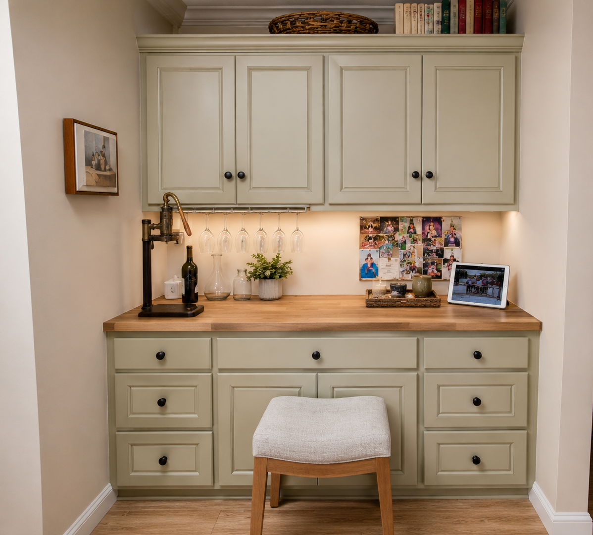A cozy home bar area with cream-colored cabinets, wooden countertop, hanging wine glasses, wine bottle, small plants, decor items, and a tablet on the right side displaying an outdoor scene. There's a small stool in front and a framed picture on the 