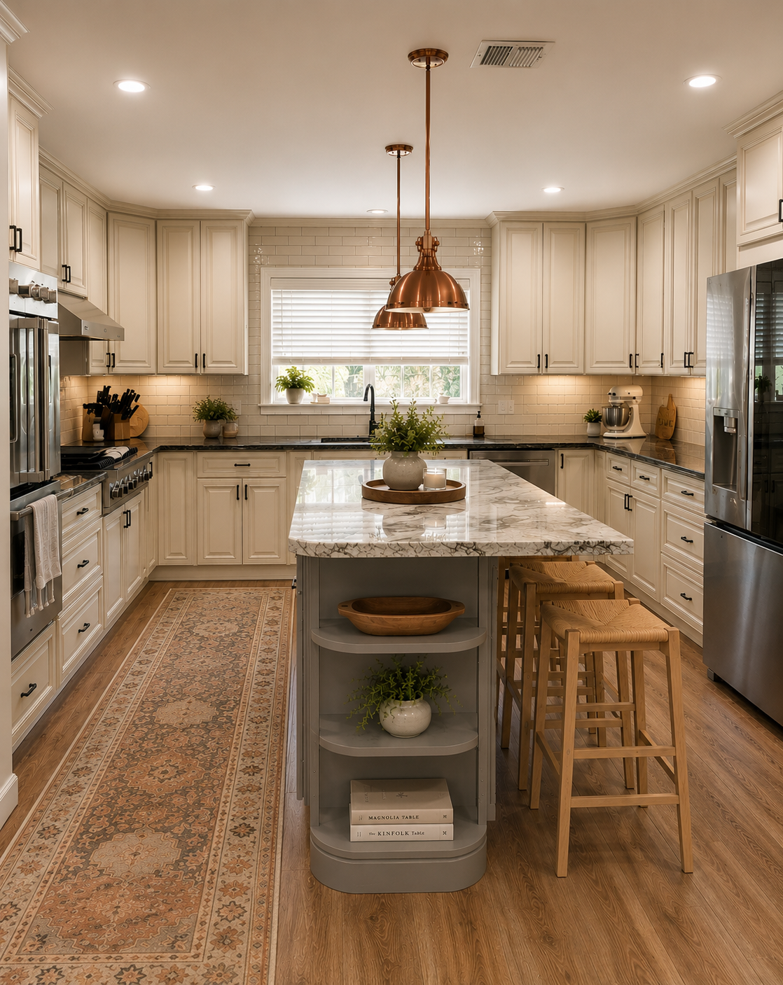 A spacious kitchen with white cabinets, a marble island, copper pendant lights, and a window with blinds. Decor includes potted plants, kitchen utensils, and cookbooks.