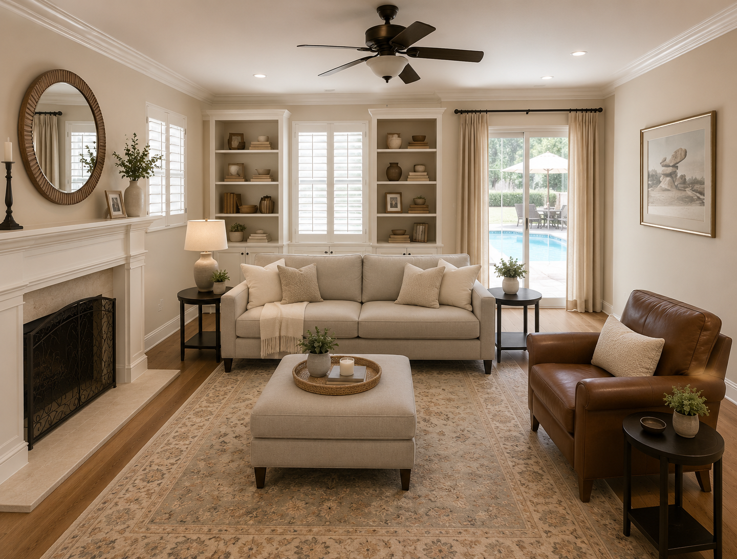 Living room with beige walls, white shelves, a fireplace, cream sofa with pillows, a leather armchair, and a sliding glass door leading to a patio with a pool outdoor.