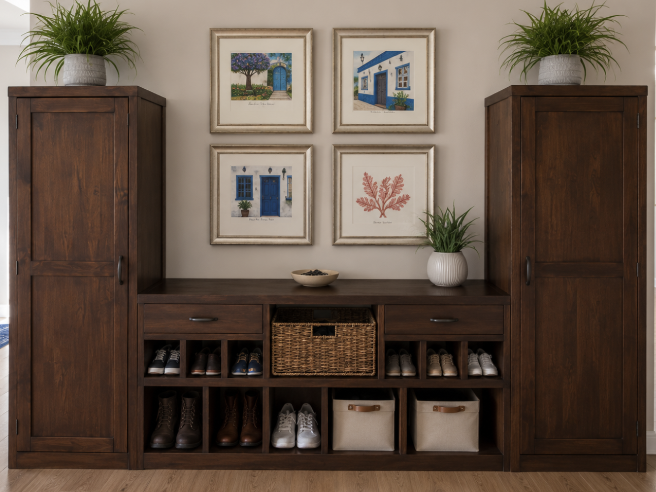 A wooden shoe storage unit with cabinets on each side and open cubbies with shoes and storage boxes, decorated with potted plants, a bowl, and framed colorful artwork of doors and a tree on the wall.