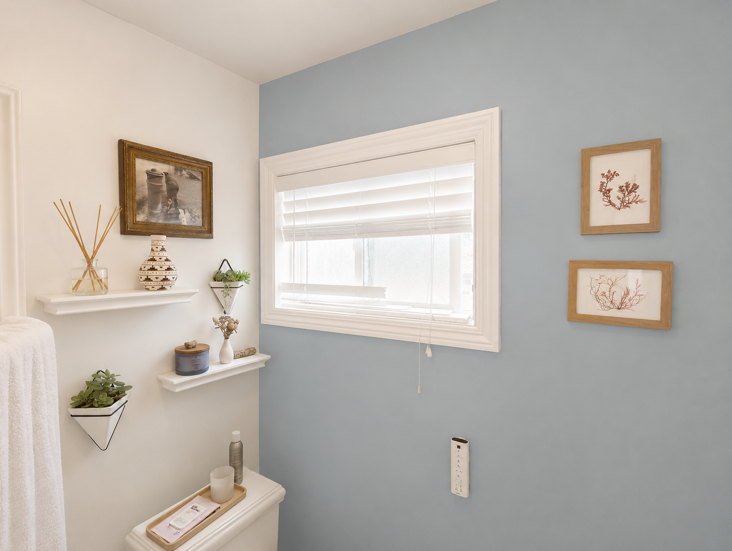 A bathroom corner with a window, framed art, and decorative shelves with plants and decor.