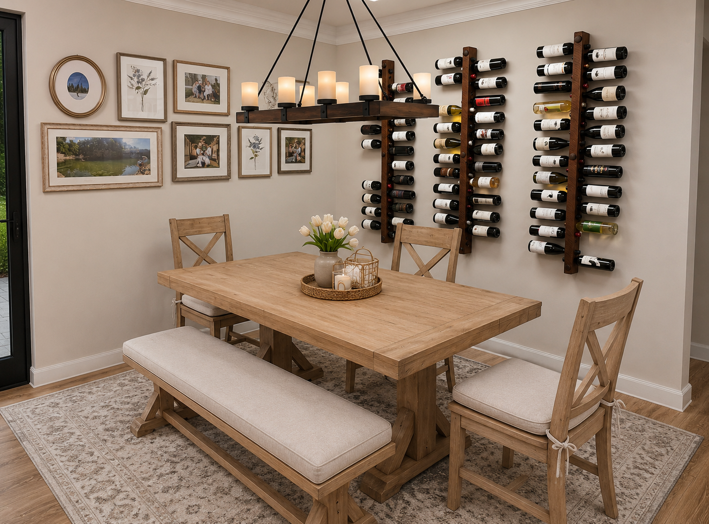 A dining room with a wooden table, four chairs, a bench, and a wall-mounted wine rack holding multiple bottles. The wall has a gallery of framed pictures. A chandelier with candles hangs above the table, which has a vase of white tulips and decorativ
