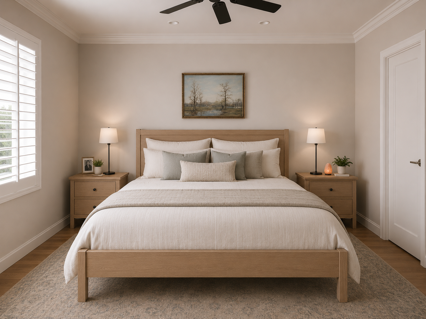 A neatly made bedroom with a large bed, beige and white bedding, multiple pillows, two nightstands with lamps, a framed photograph, a plant, and a salt lamp. There's a window with white shutters, a ceiling fan, and a painting above the bed depicting 