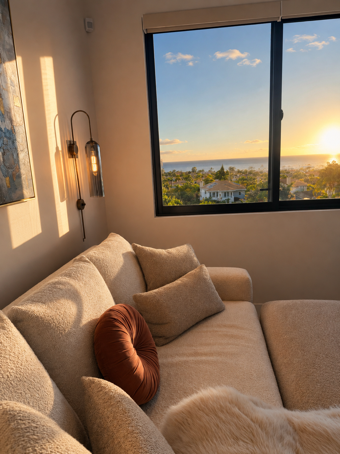 Living room with beige sectional sofa, decorative pillows, and a blanket outside with large window showing a sunset over residential neighborhood and ocean.