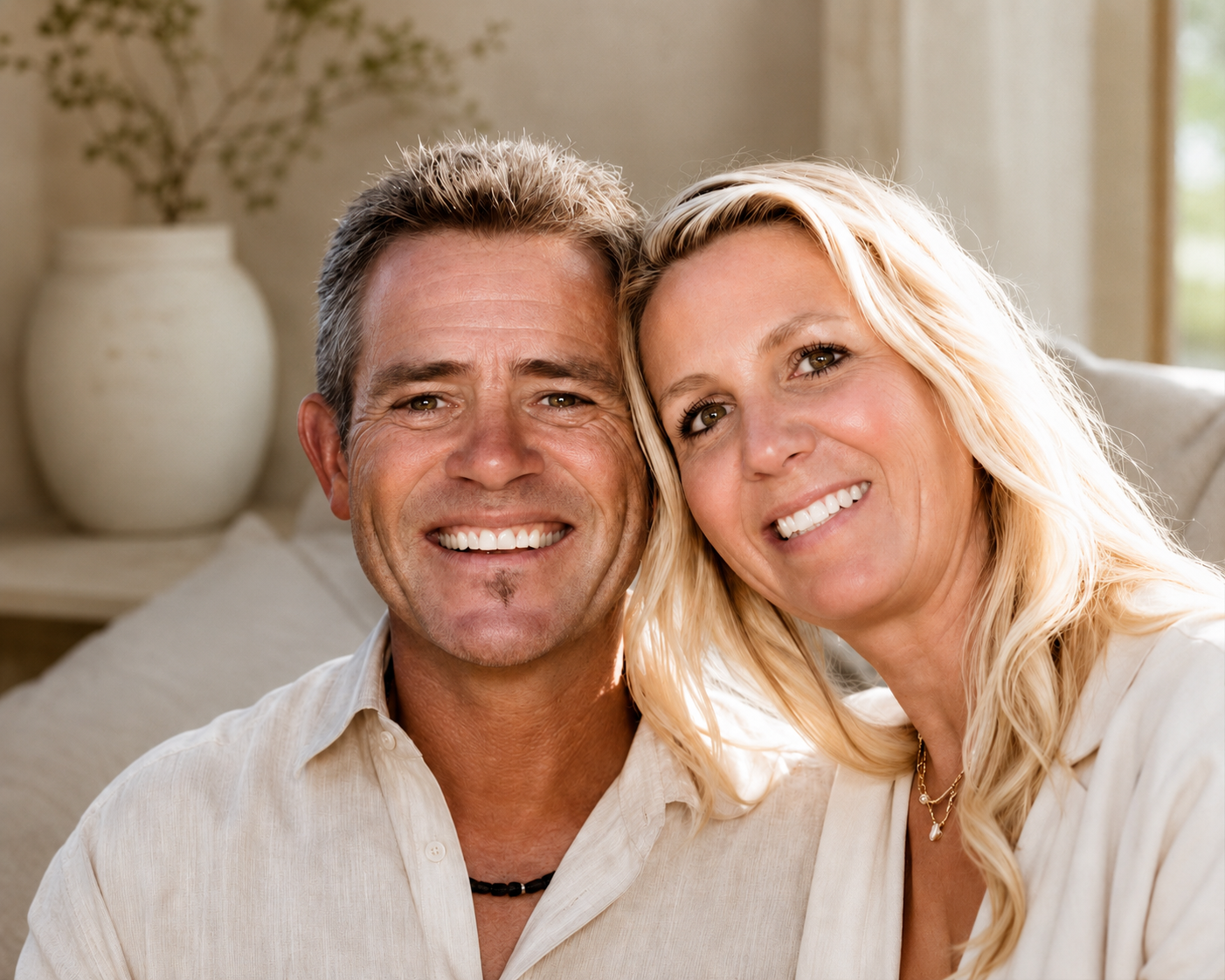 A smiling middle-aged man and woman sitting close together on a beige couch, looking at the camera in a cozy living room with a large white vase and a plant in the background.