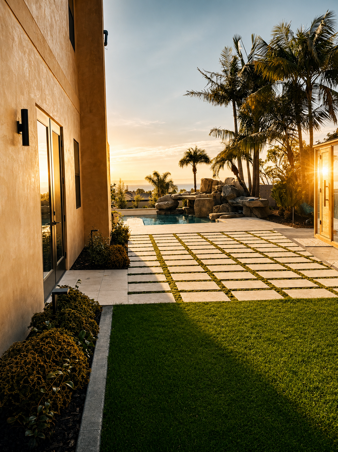 Sunset view of a backyard with a swimming pool, palm trees, and a modern home exterior.
