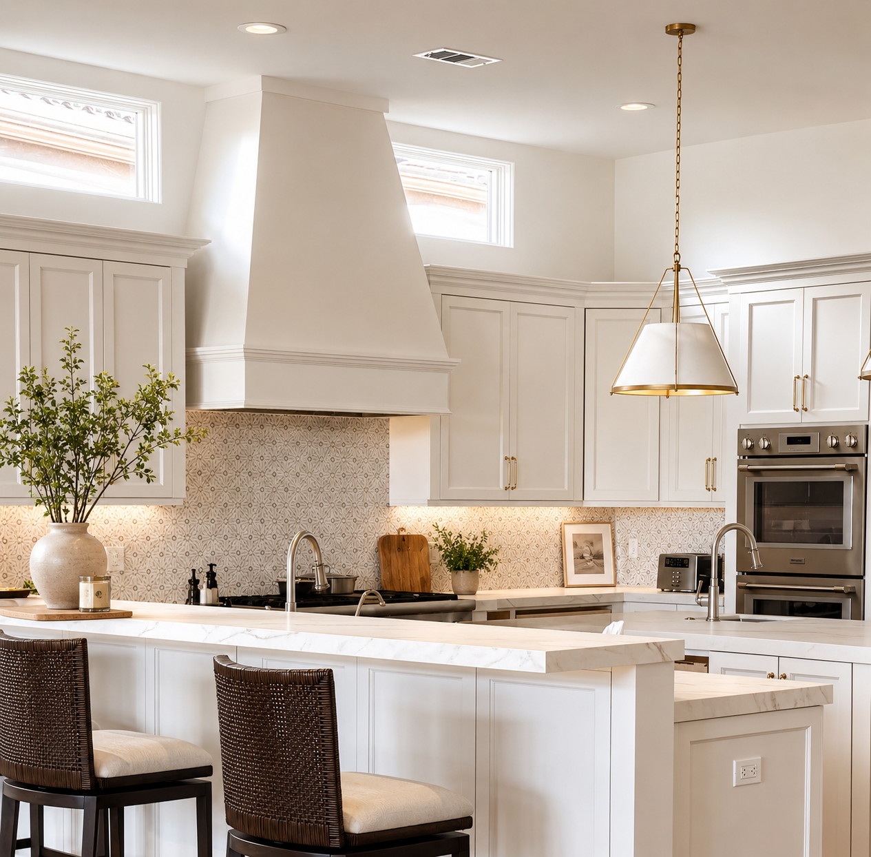 Bright, modern kitchen with white cabinets, marble countertops, pendant light, potted plants, and stainless steel appliances.