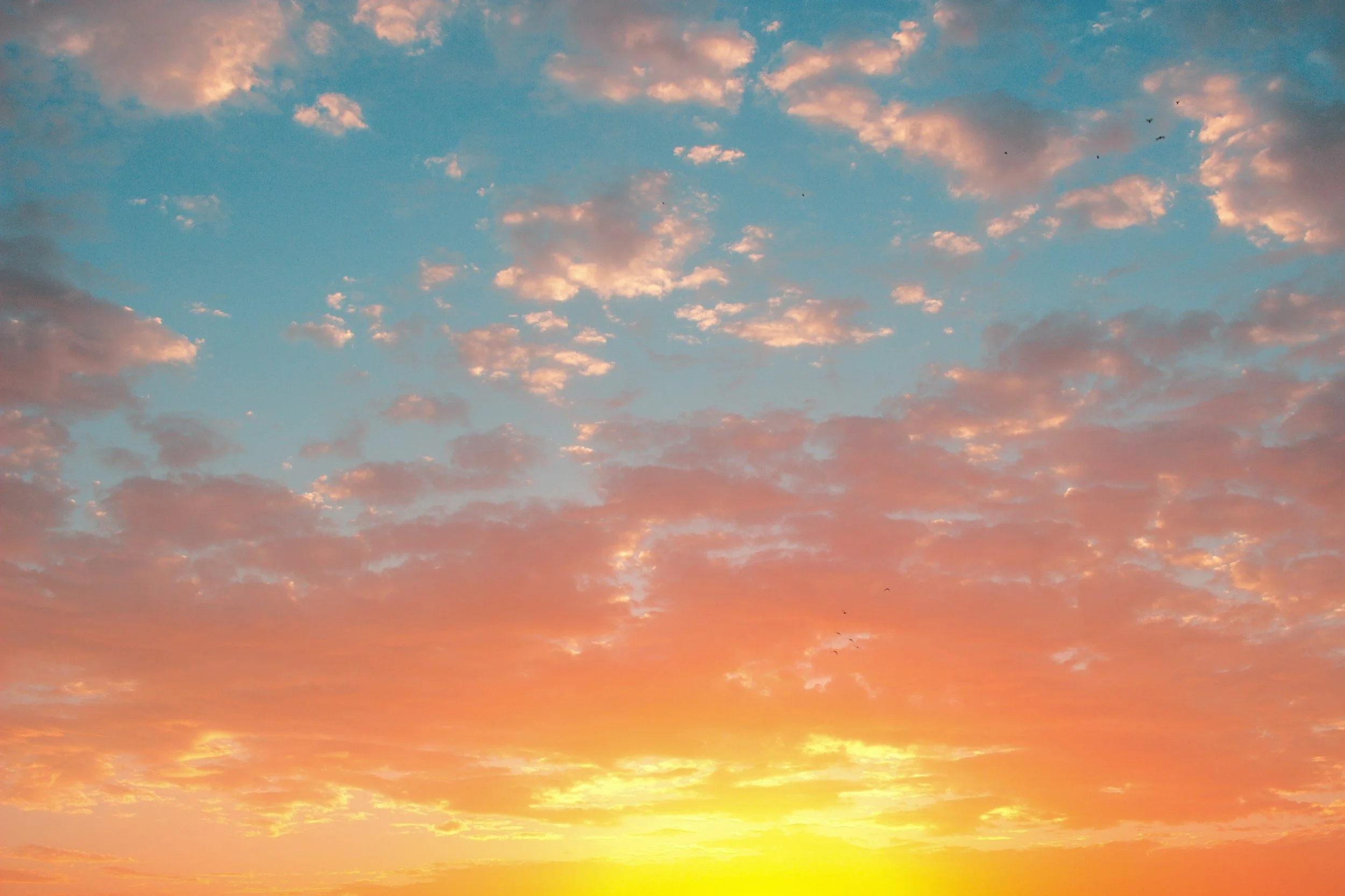 A colorful sky during sunset with scattered clouds in shades of pink, orange, and blue.
