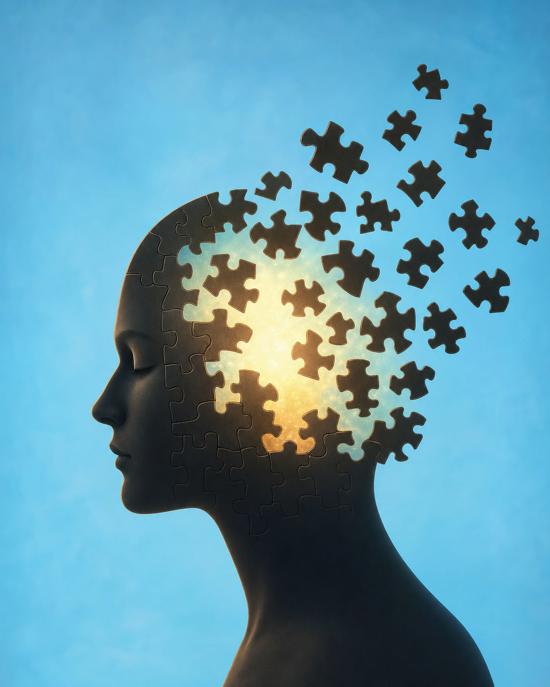 A silhouette of a human head with puzzle pieces missing, revealing a glowing interior against a blue background, symbolizing brain function or mental health.