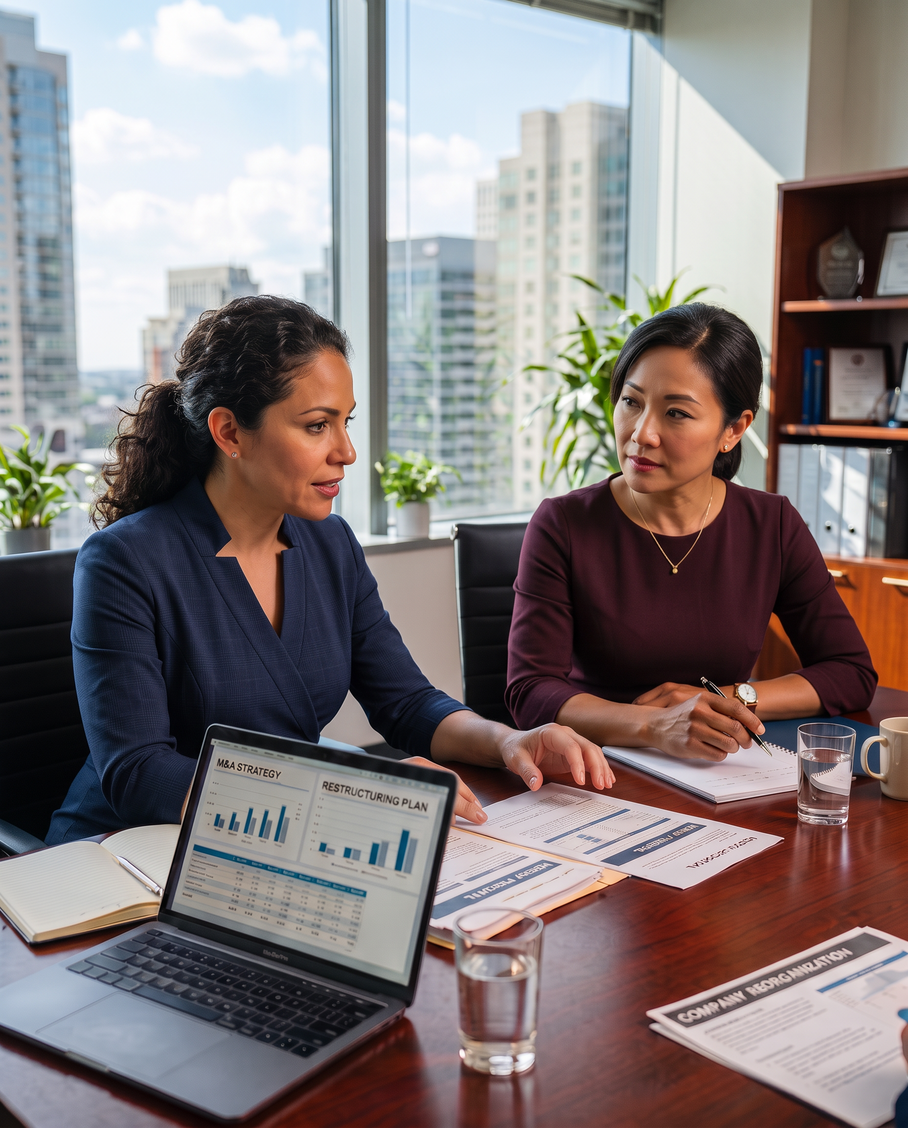 Two women having a business meeting in an office. One woman with curly hair in a blazer is speaking, and the other with straight hair in a maroon top is listening. On the table, there are printed documents, a laptop with graphs and charts, and a glass of water. Large windows show a cityscape with tall buildings and a partly cloudy sky.