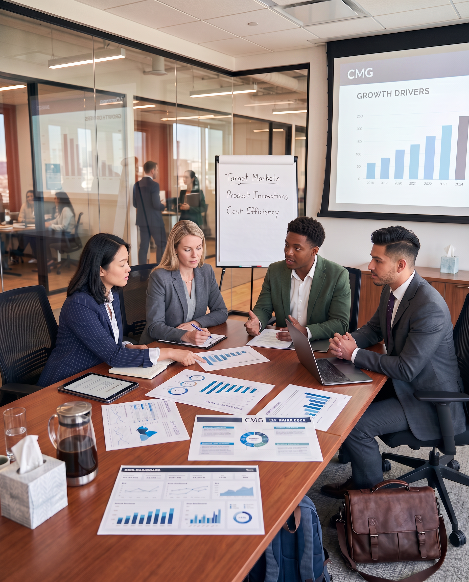 A group of business professionals in a meeting room, sitting at a conference table with various documents, charts, and laptops. In the background, a presentation screen displays a growth chart from 2018 to 2024. On a whiteboard, there are handwritten notes titled 'Target Markets,' 'Product Innovations,' and 'Cost Efficiency.'