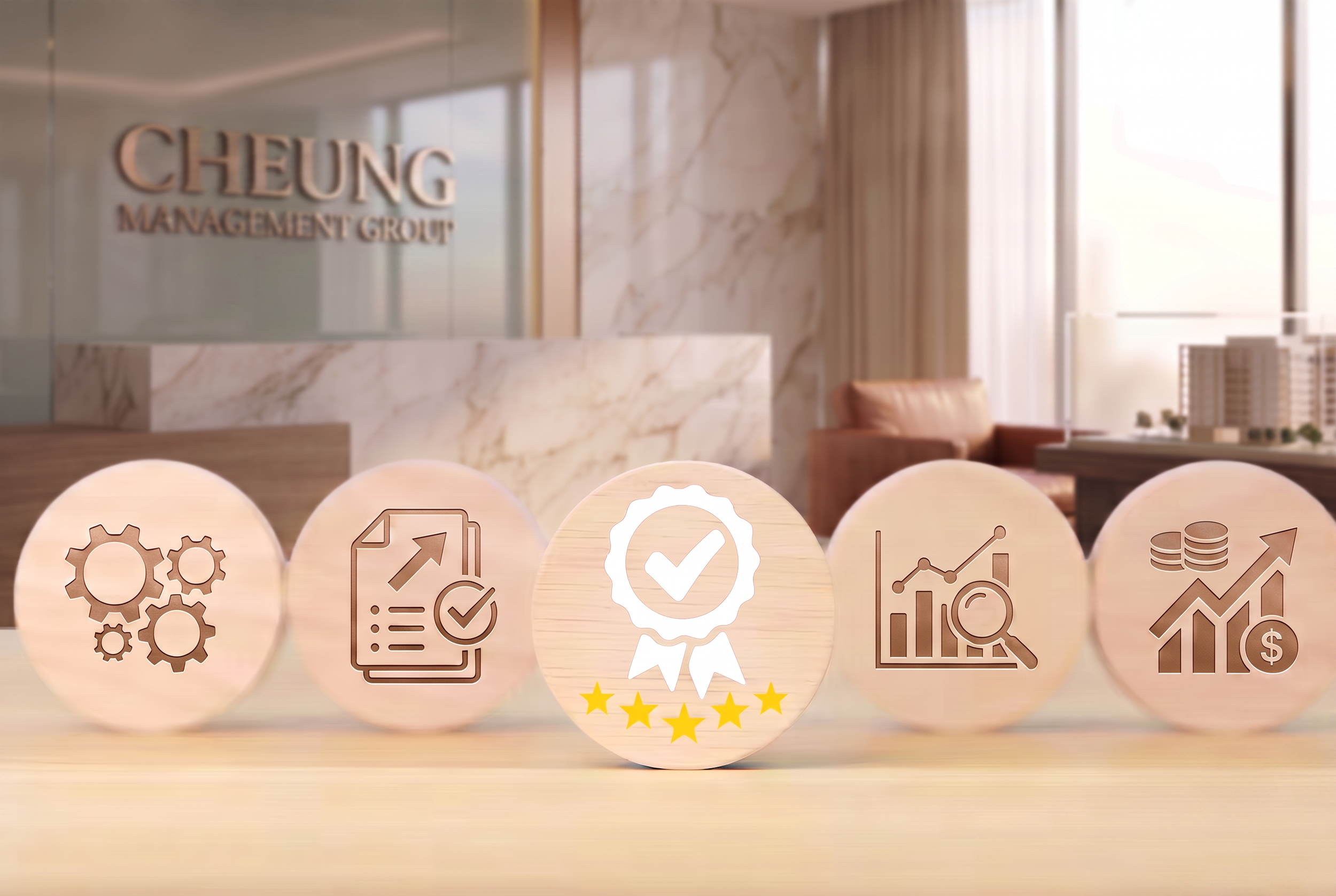 Blurred office lobby with a sign that reads 'CHEUNG MANAGEMENT GROUP' on a marble wall, and a seating area with curtains and sunlight in the background.