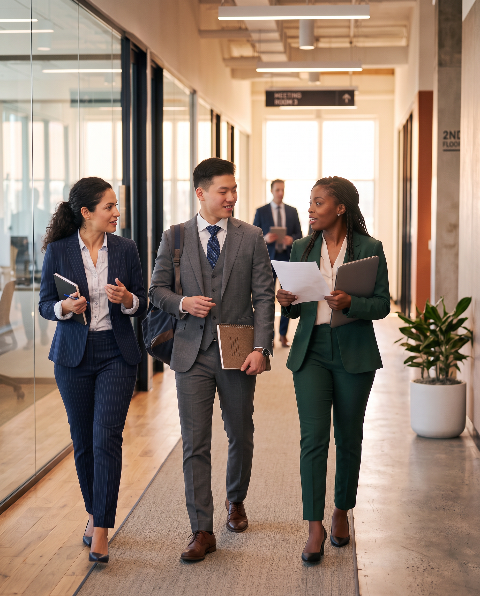 Three business professionals walking and talking in an office corridor. The woman on the left has dark curly hair, is dressed in a navy pinstripe suit, and is holding a notebook and pen. The man in the middle has short black hair, is wearing a gray suit with a blue tie, and is carrying a briefcase and some papers. The woman on the right has braided hair, is dressed in a green suit, and is holding a laptop and papers. They are engaged in conversation, with a man in a suit and tie walking behind them in the brightly lit corridor.