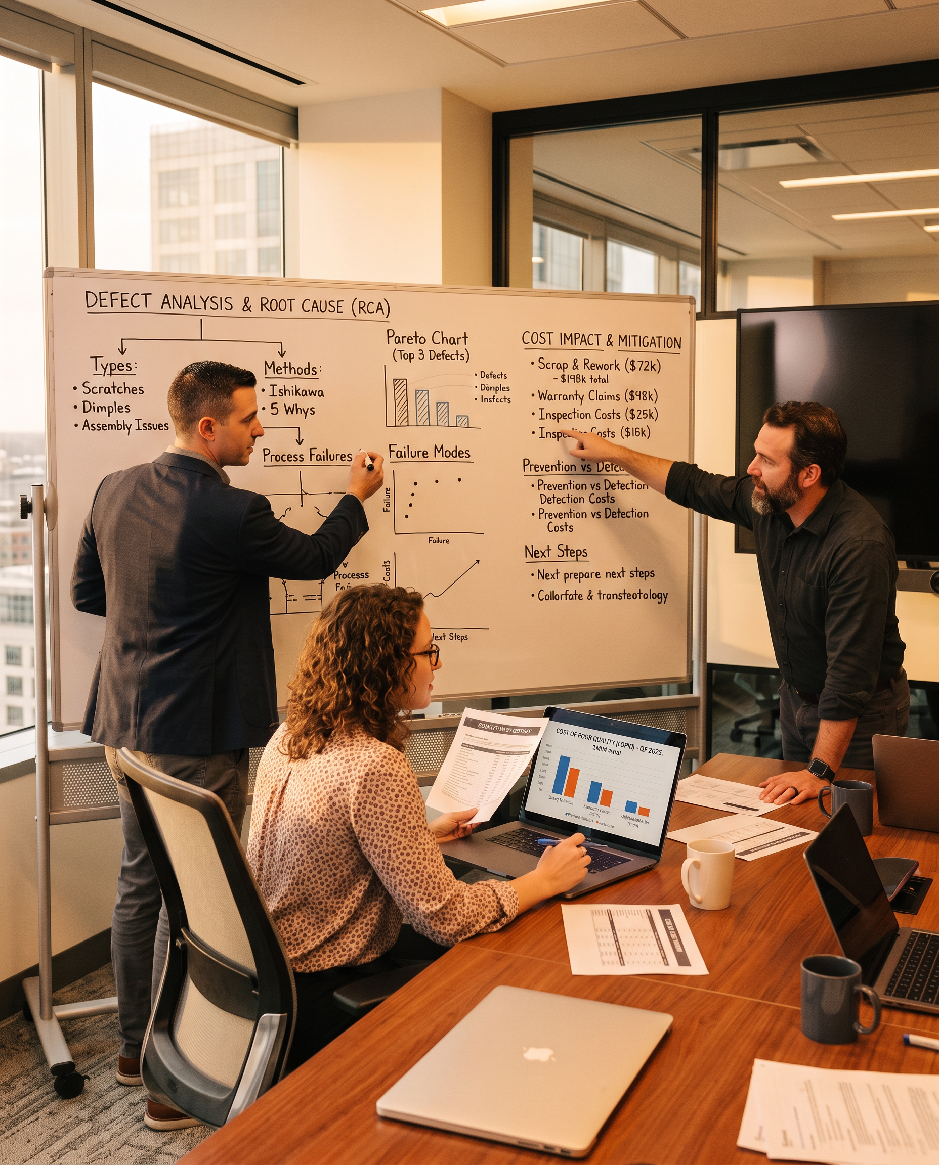 Two men are presenting a whiteboard with notes on defect analysis and root cause, while a woman seated at the table is working on a laptop with a chart displayed on the screen. The setting is a modern conference room with large windows and office furniture.