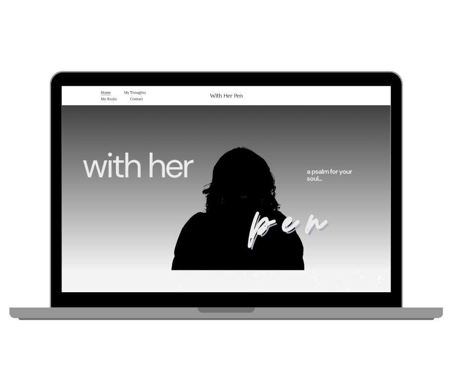 Laptop screen displaying a website titled "With Her Pen" featuring a silhouette of a woman and text promoting writing and poetry.