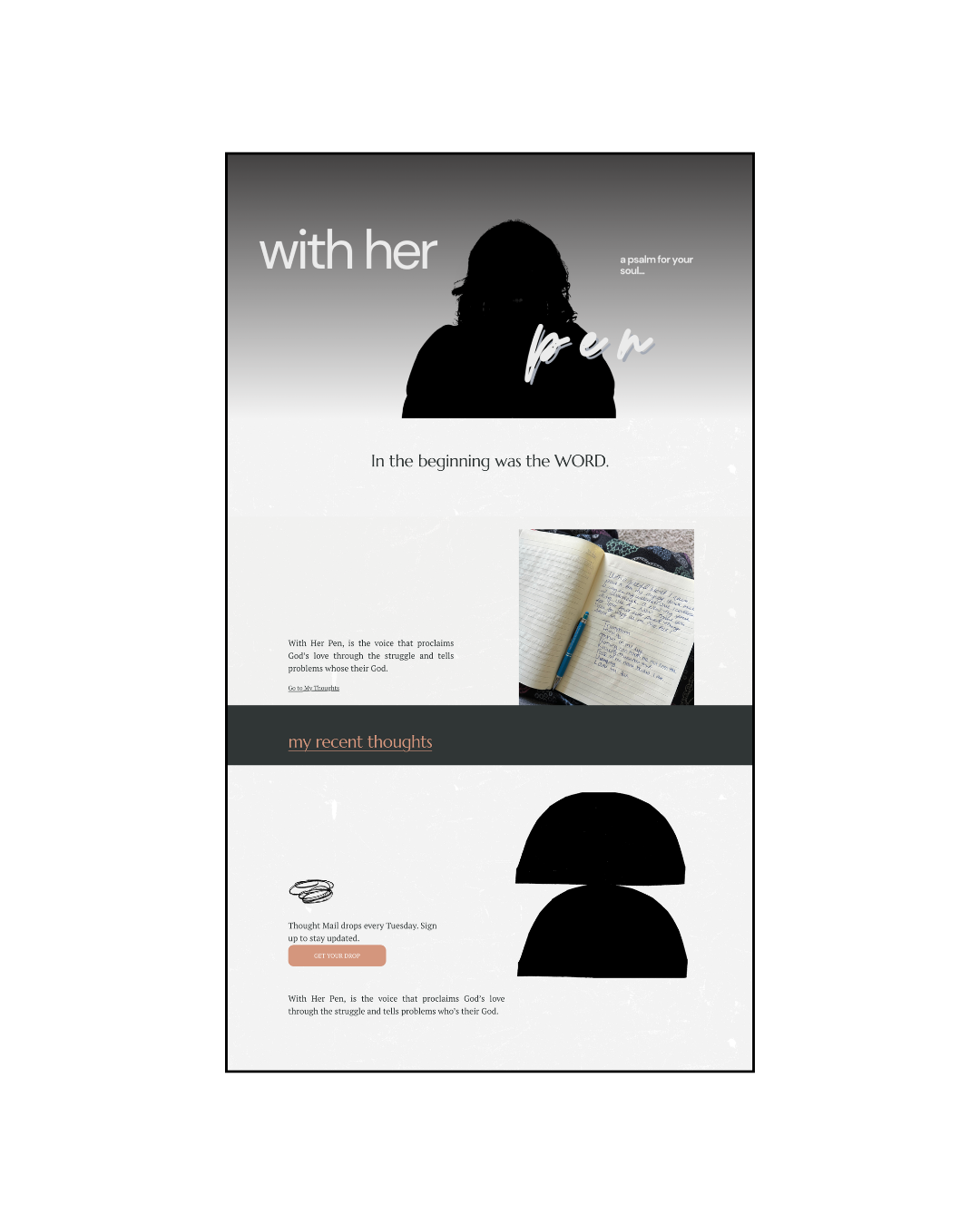 A digital webpage featuring a black-and-white silhouette of a woman with curly hair, with text about 'her pen' and faith, a photo of an open notebook with handwritten notes, and an icon of a pen and paper. The design includes a gradient background, sections with text, and a call-to-action button.