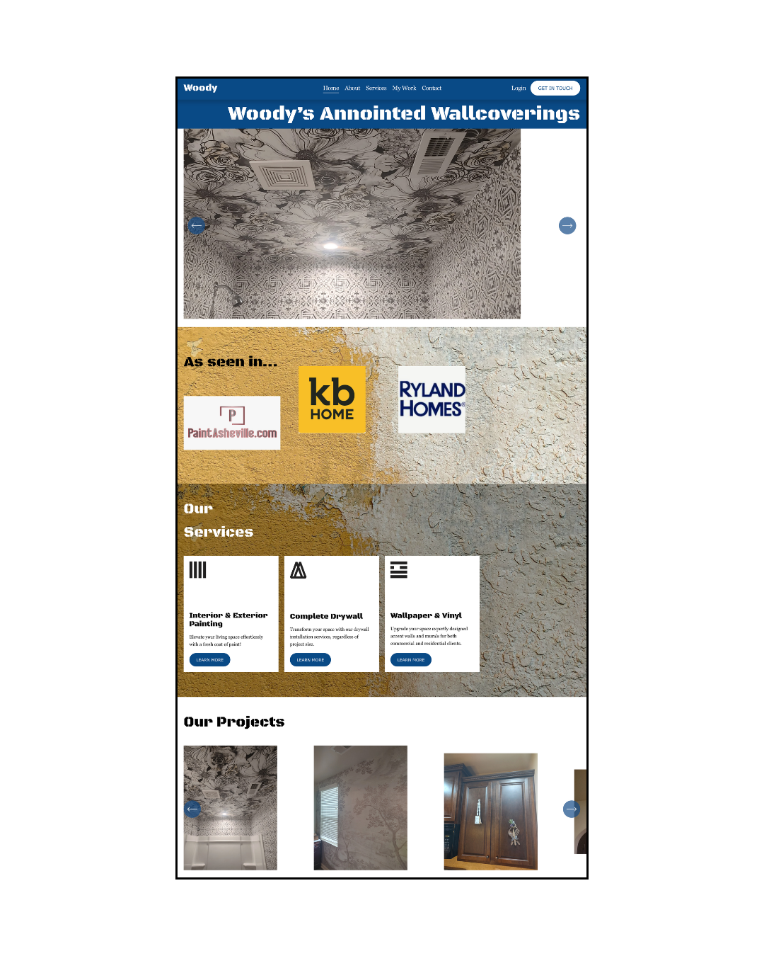 Screenshot of a website showcasing interior wall covering services, featuring a header with navigation links and a 3D image of decorated ceilings and walls, along with project images and service descriptions.