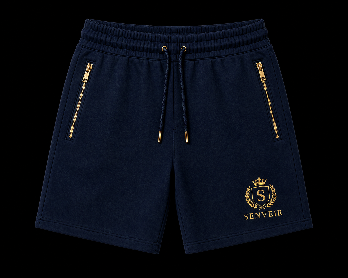 Navy blue shorts with gold accents, zippers, and a logo that says 'SENVEIR' with a crest and crown above.