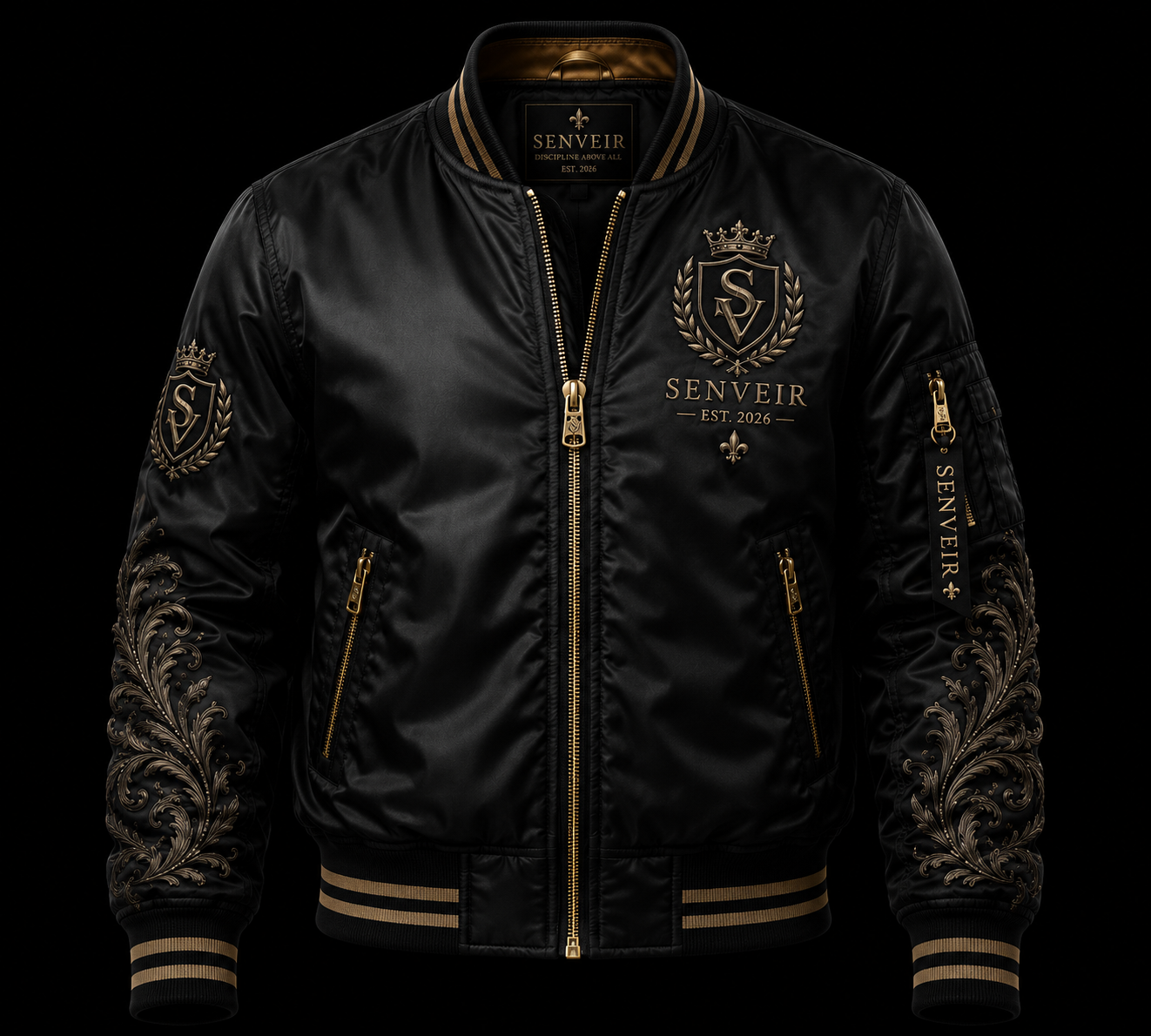 Black satin bomber jacket with gold accents, embroidery, and patches, featuring the brand name SENVIR and crest details on a black background.