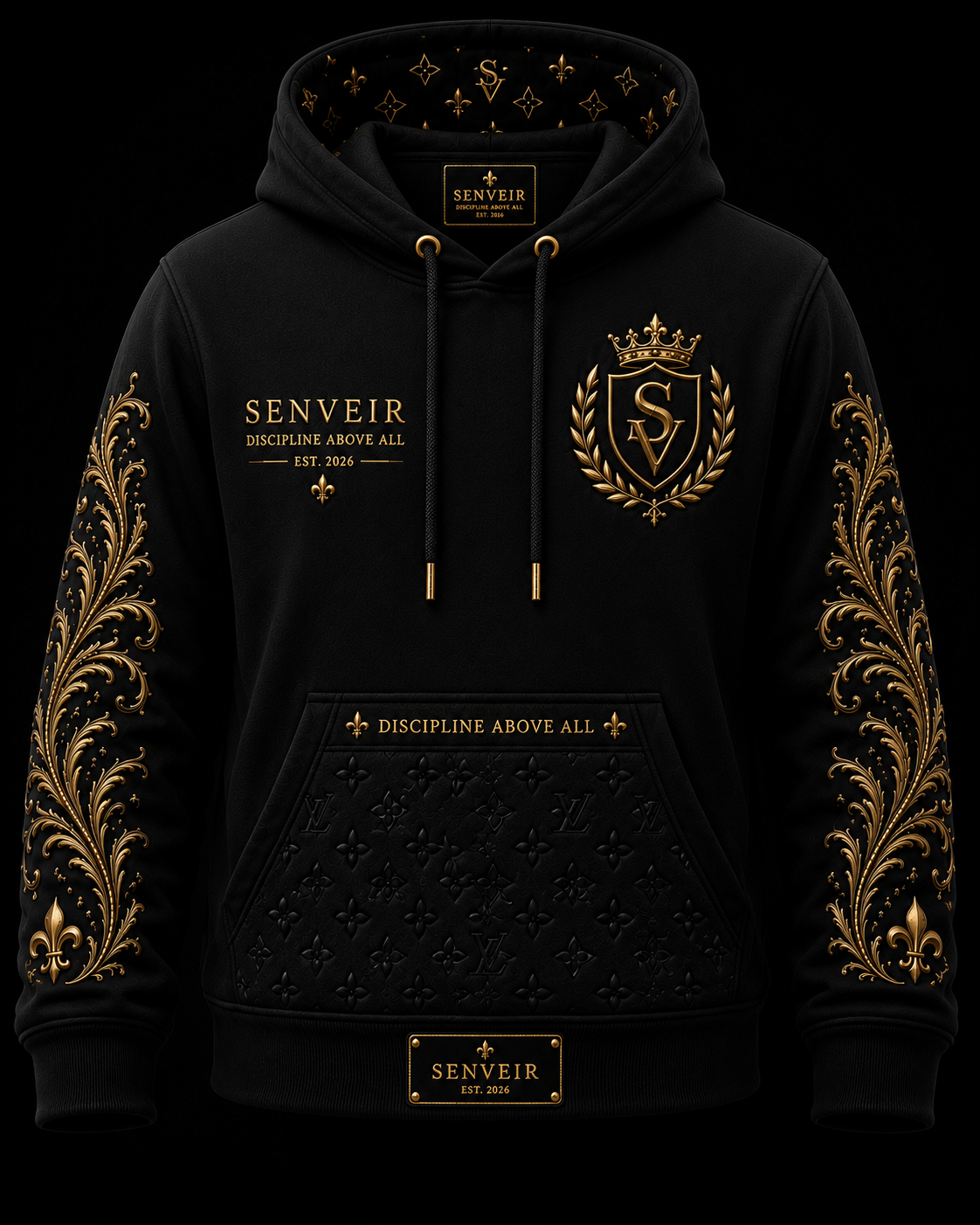 Black hoodie with gold embroidery, crest, and text reading 'SENVEIR,' 'DISCIPLINE ABOVE ALL,' and 'EST. 2026.' Gold leaf and fleur-de-lis patterns adorn the sleeves and hood lining.