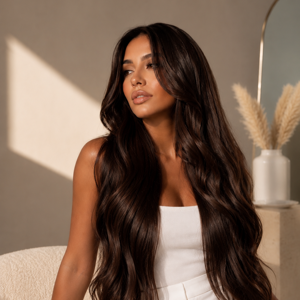 A woman with long, wavy dark brown hair and tan skin, wearing a white top, sitting in a room with neutral tones and a vase with beige pampas grass in the background.