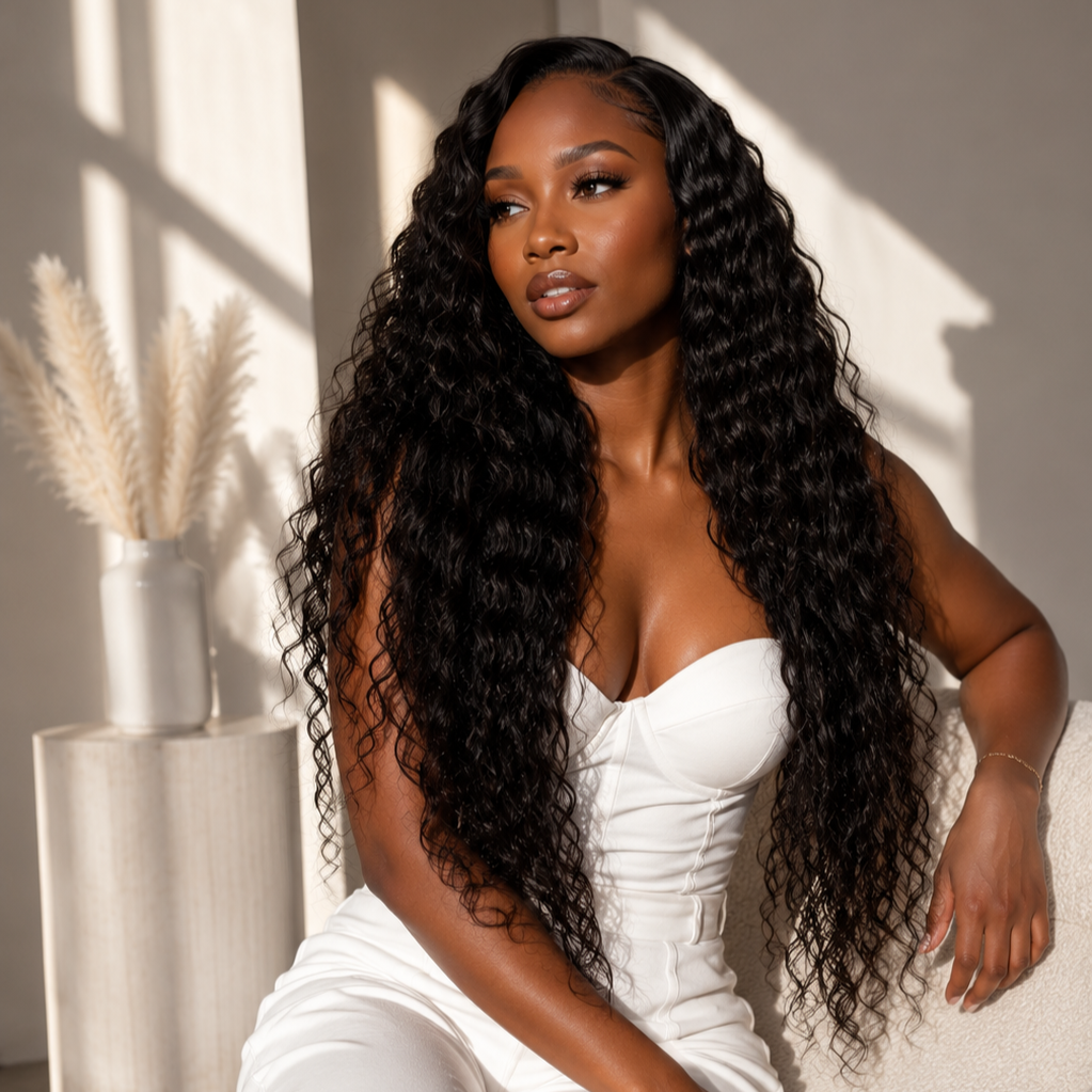 A woman with long, curly black hair sitting on a white sofa with sunlight streaming in, wearing a white strapless top.