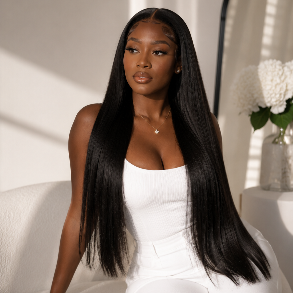 A young woman with long, straight black hair, wearing a white tank top and white pants, sitting on a light-colored couch with sunlight streaming in, a mirror and a vase of white flowers visible in the background.