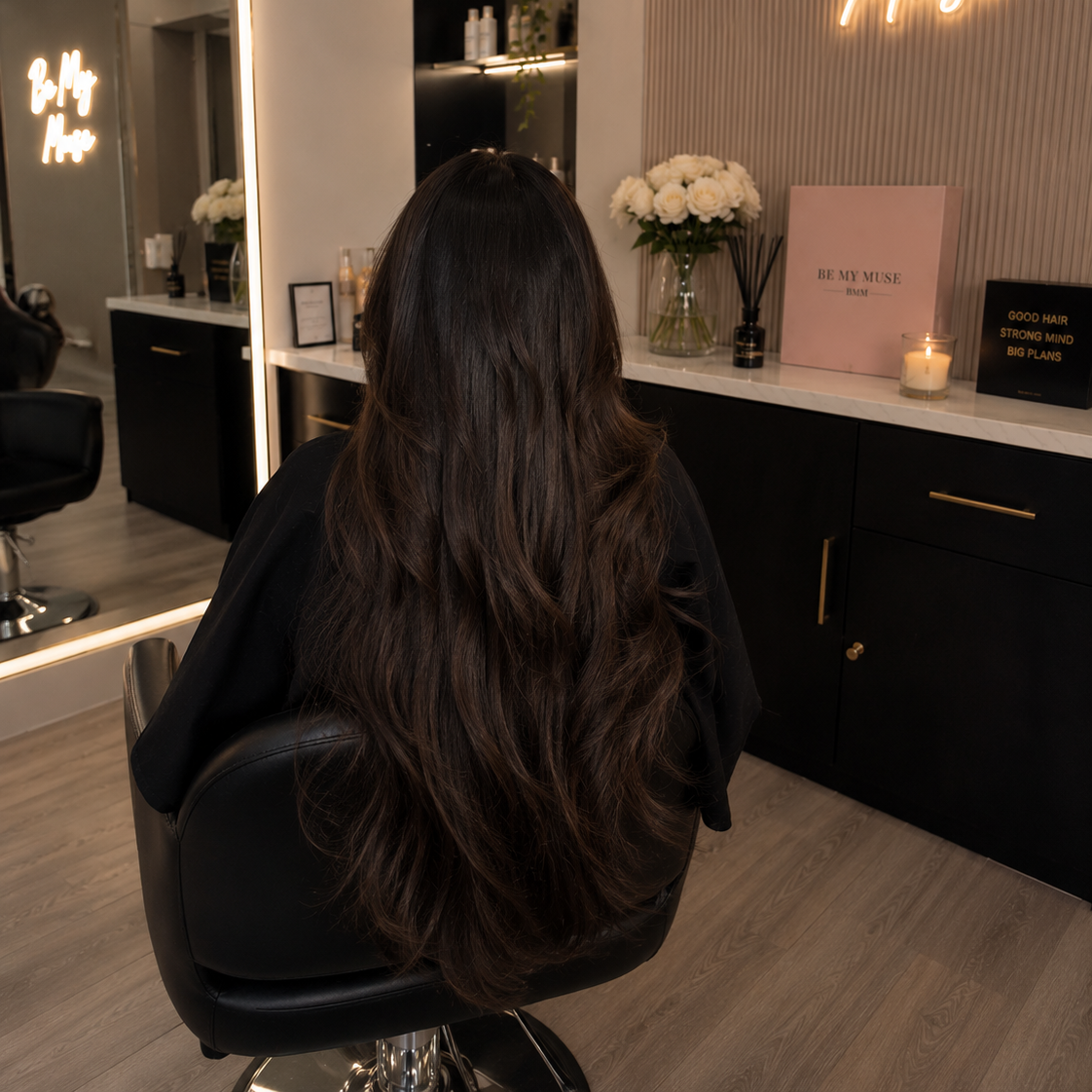 A woman with long, wavy dark hair sits in a black salon chair inside a modern hair salon, facing away from the camera, with a mirror reflecting her hair and salon equipment behind her.