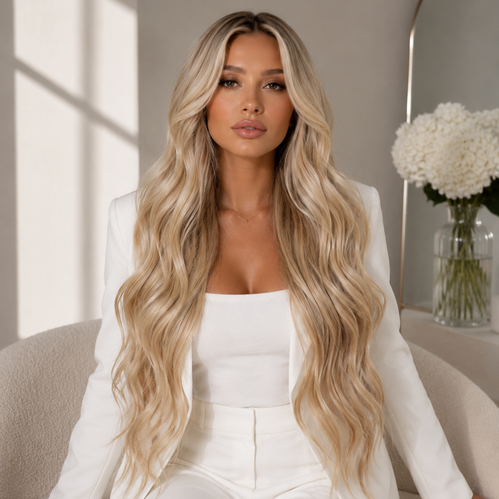 A woman with long, wavy blonde hair wearing a white blazer and top, sitting on a beige chair in a room with soft light and a vase of white flowers on a table.