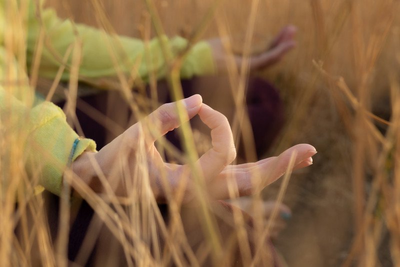 A person in a green long-sleeve shirt is lying in tall, dry, yellowish grass, with one hand visible forming the 'OK' sign with the thumb and index finger.