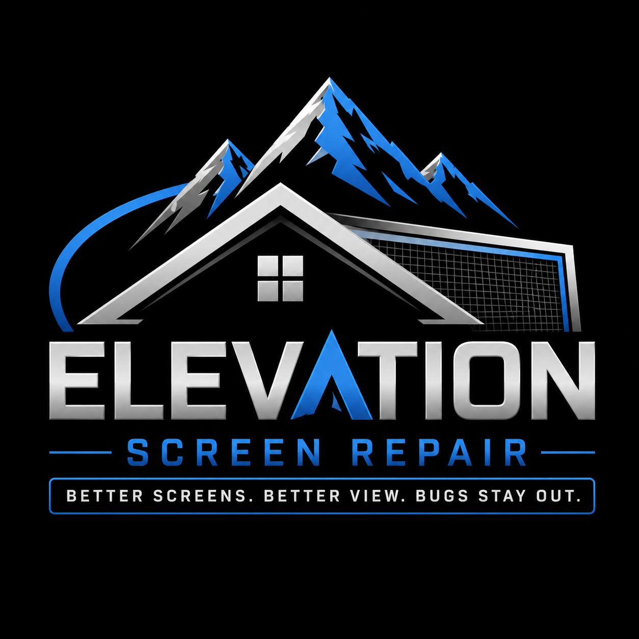 Logo for Elevation Screen Repair featuring stylized mountains, a house roof, and a computer screen with the company name and slogan.