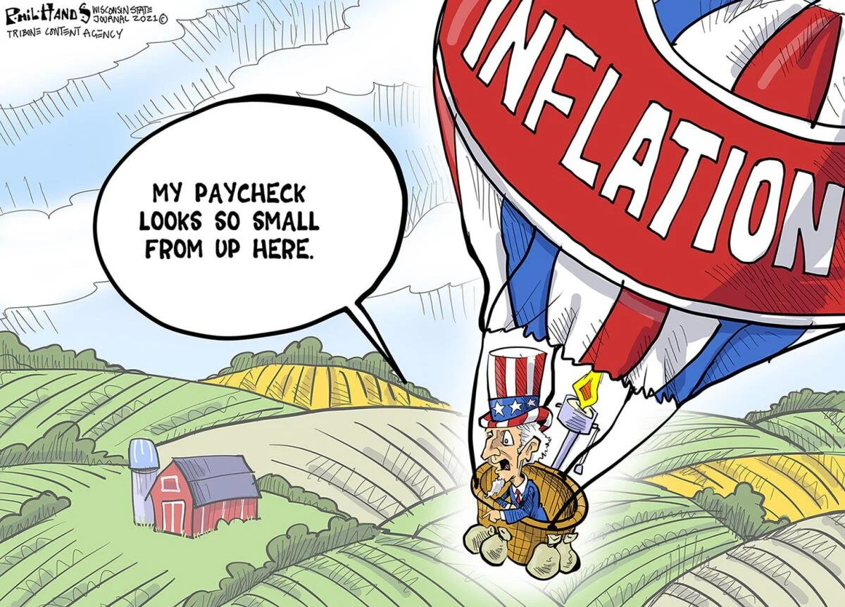 A caricature of Uncle Sam riding in a hot air balloon labeled 'Inflation' above a farm with green fields and a red barn. Uncle Sam is looking at his small paycheck and saying, 'My paycheck looks so small from up here.'