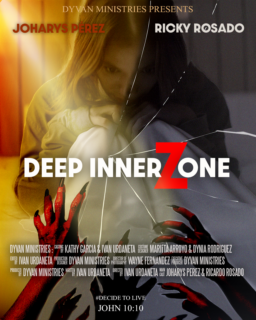 Cartel promocional de una producción llamada 'Deep Inner Zone', con nombres de actores Joharys Pérez y Ricky Rosado. En el fondo hay una mujer con expresión intensa, rodeada de manos con uñas negras y pintadas de rojo que parecen ser de zombies o manos sobrenaturales. Incluye citas bíblicas y créditos del elenco y del equipo de producción.