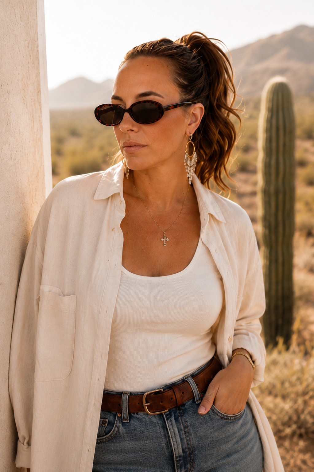 A woman with long wavy auburn hair, wearing sunglasses, earrings, a necklace with a cross, a cream shirt over a tank top, and blue jeans with a brown belt, standing outdoors in a desert landscape with a cactus and mountains in the background.