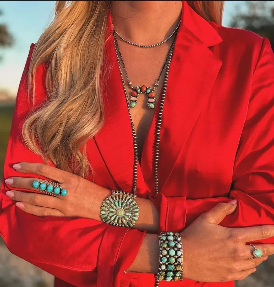 Western fashion styling with turquoise jewelry for content shoots, branding photos and NFR beauty inspiration