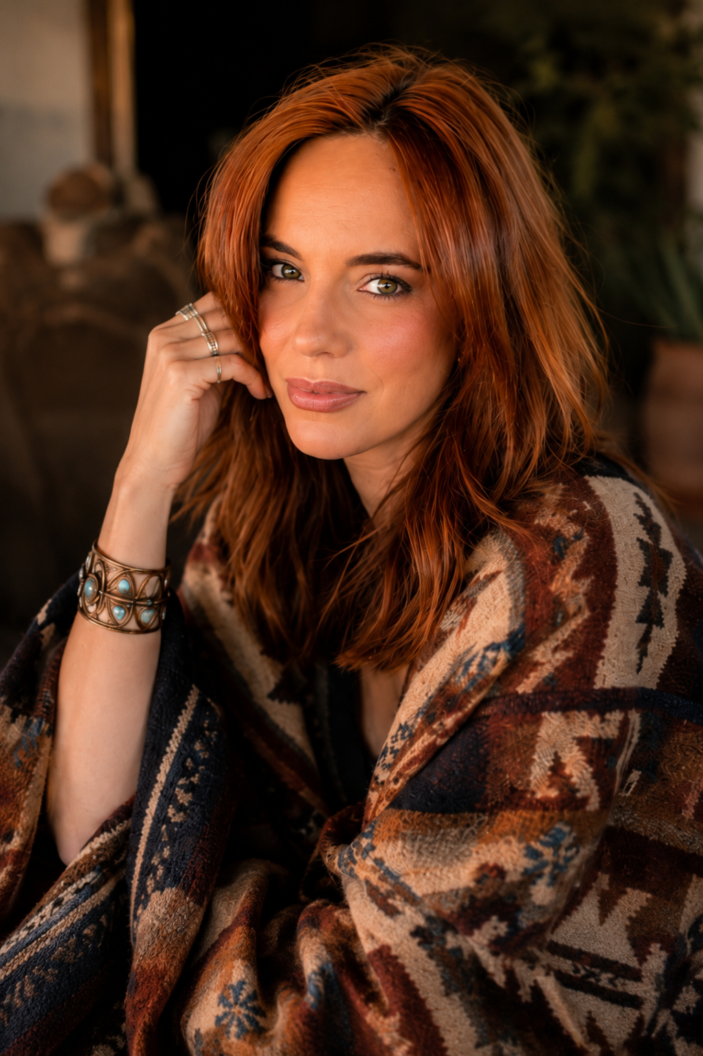 A woman with red hair and green eyes looking at the camera, wearing a patterned shawl and a bracelet on her wrist, sitting indoors with a blurred background.