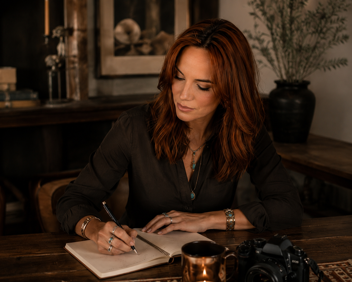 A woman with red hair and jewelry sitting at a wooden table, writing in a notebook with a pen, surrounded by a camera and a coffee mug, in a cozy, dimly lit room.