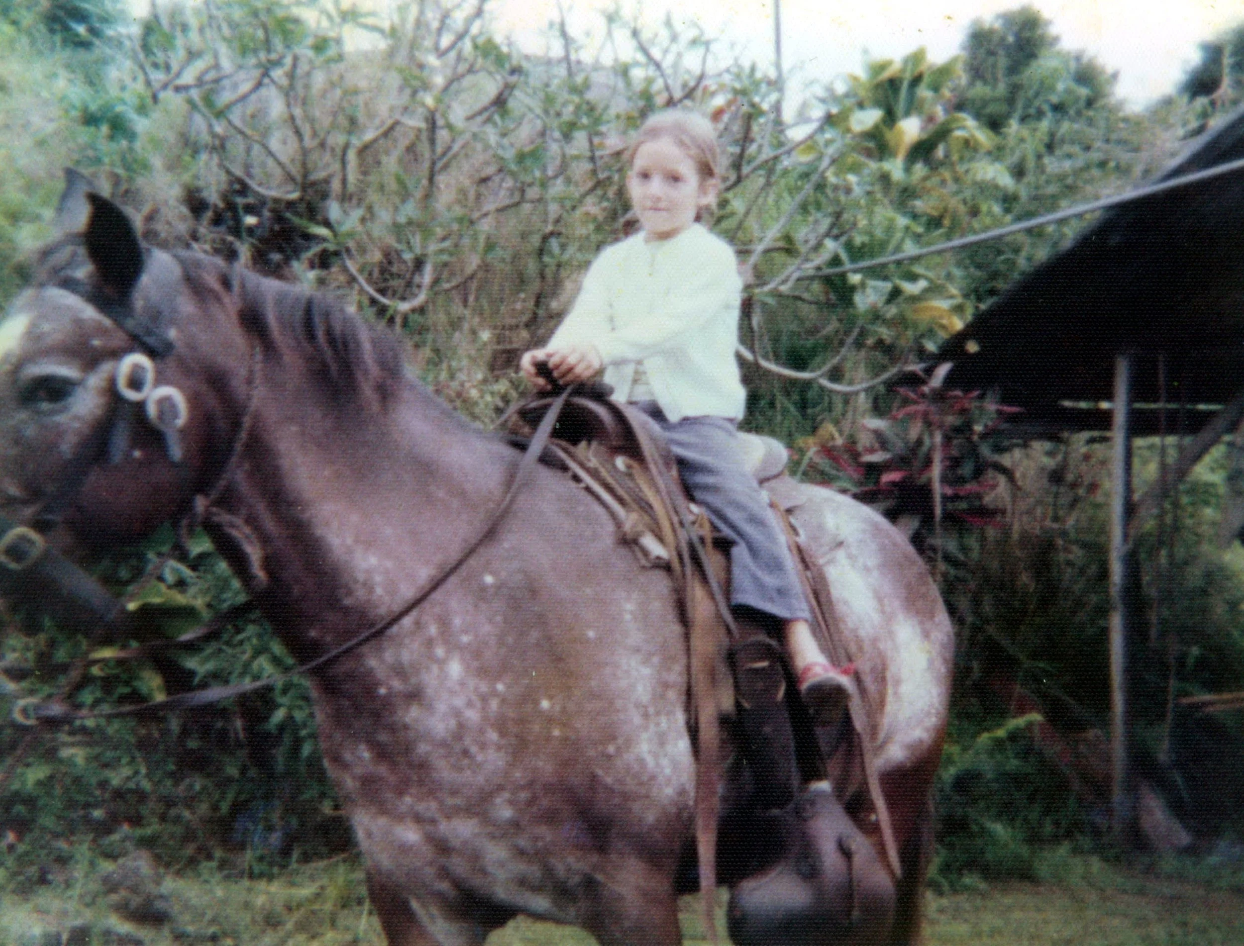 A young girl with light brown hair riding a horse in a natural outdoor setting with trees and greenery in the background.