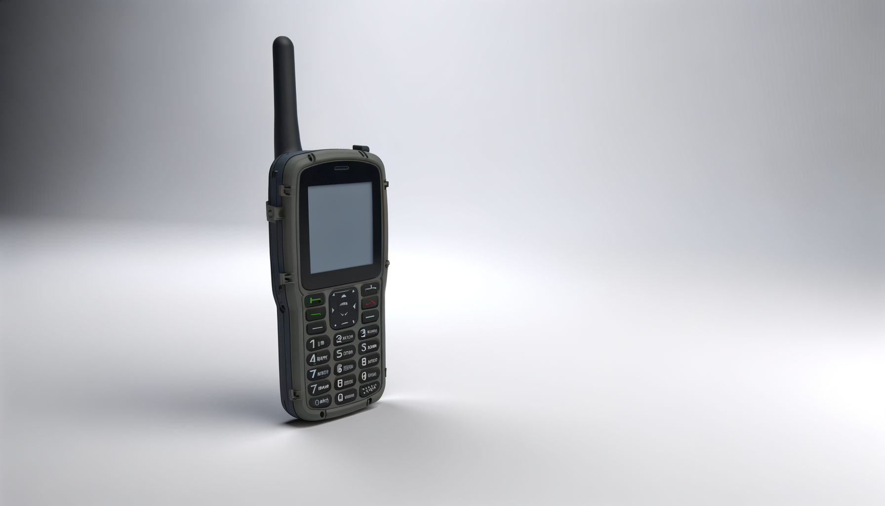 A rugged handheld GPS device with a small antenna, black and gray body, and a screen, placed on a plain light gray background.