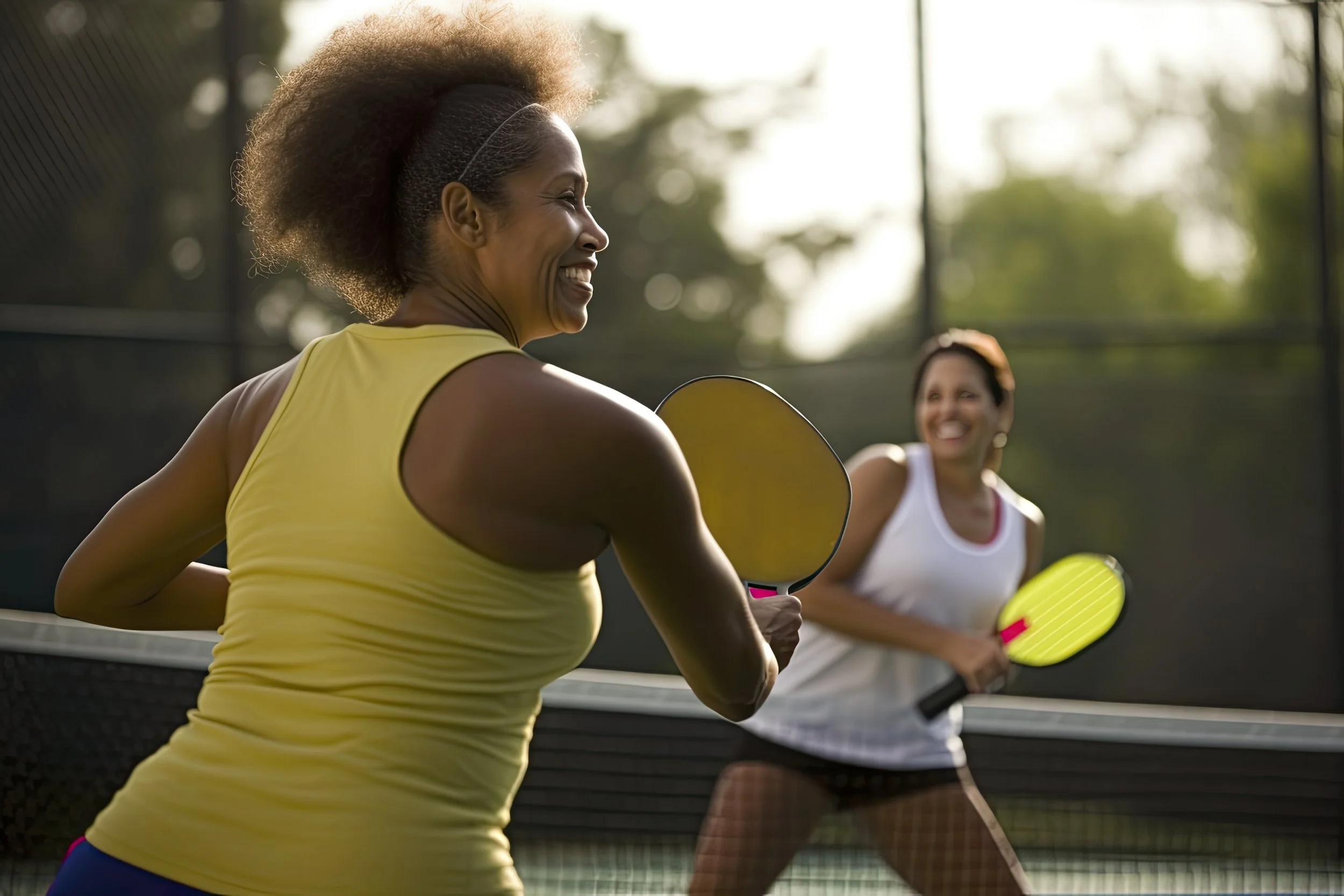 Two women playing pickleball on a court, one in a yellow tank top and the other in a white top, both holding yellow paddles, smiling and enjoying the game.