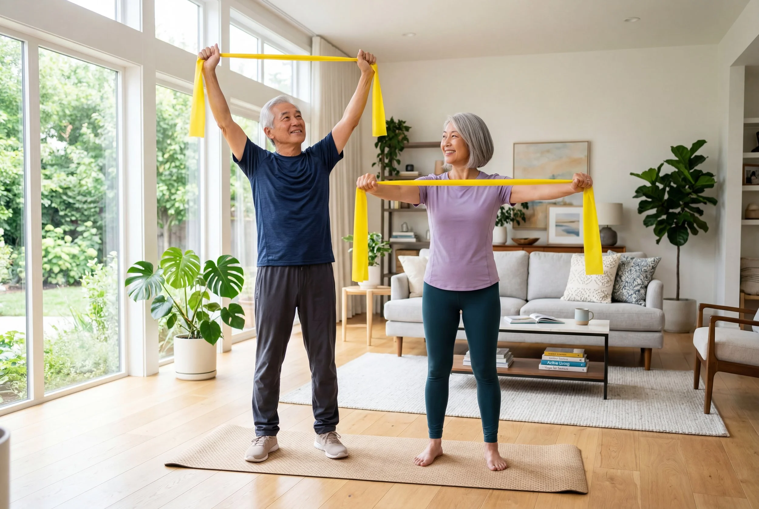 An elderly couple practicing stretching exercises indoors, each holding a yellow resistance band, in a cozy living room with large windows and green plants.
