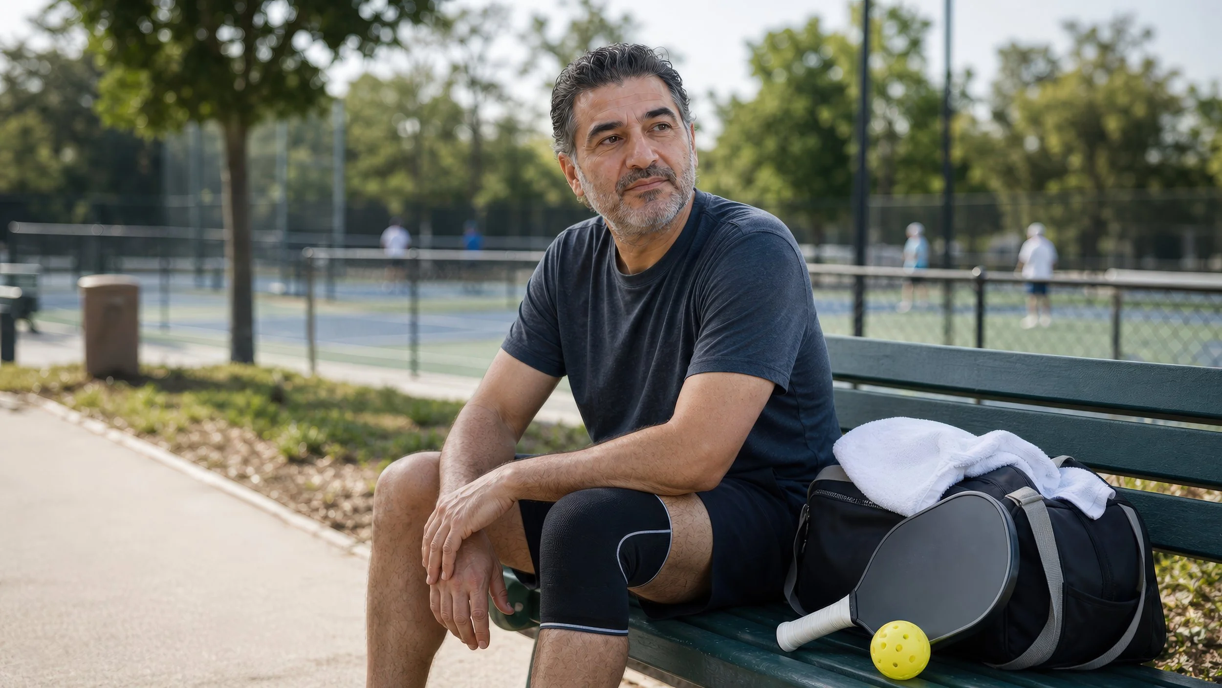 A man sits on a park bench near a tennis court, dressed in sportswear, with a tennis ball and rackets beside him. He appears to be resting after playing tennis.