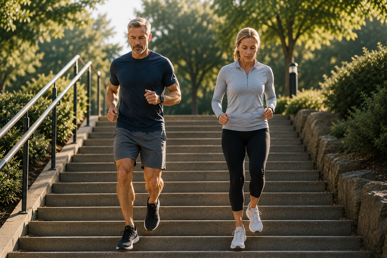 A middle-aged man and woman jogging down outdoor stairs in a park with green trees and sunlight.